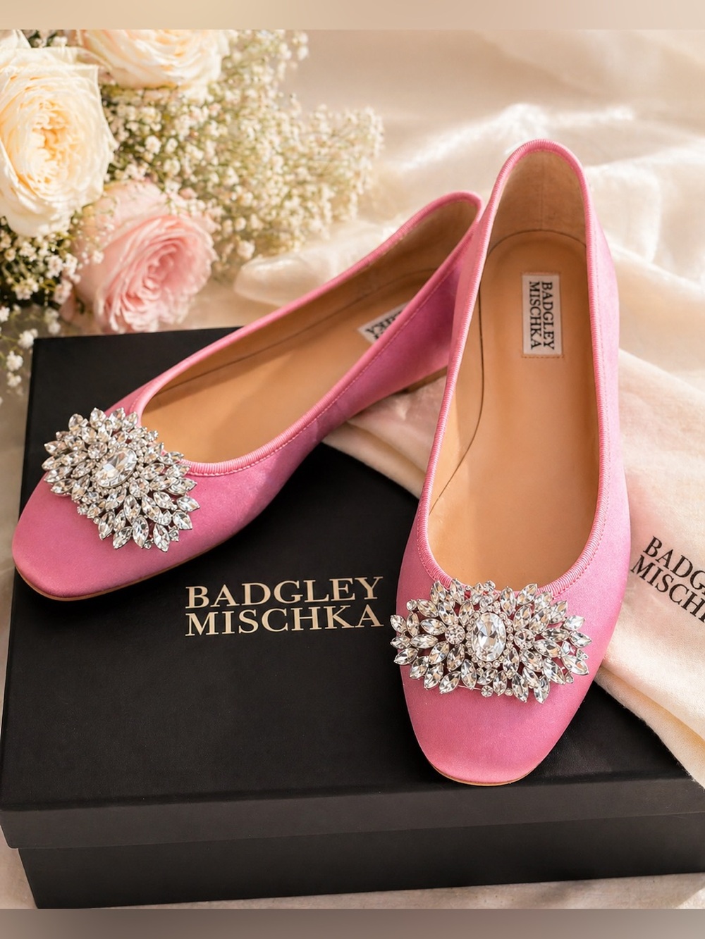 Badgley Mischka Pippa Rose Pink Satin Jeweled Ballet Flats